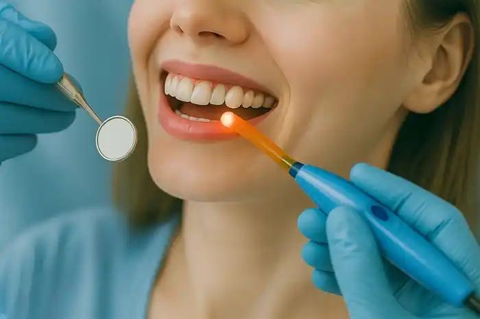 Female patient smiling during a dental check-up at Kinsmile Dental Clinic, Nagpur, before undergoing dental restoration treatment for improved oral health
