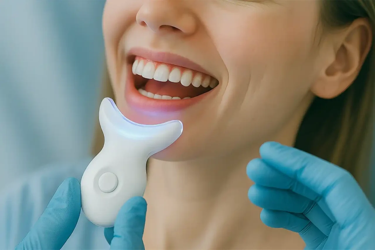 Woman Undergoing Professional Teeth Whitening at Kinsmile Clinic Nagpur A woman receiving a safe and effective teeth whitening treatment using a peroxide-based whitening agent at Kinsmile Dental Clinic in Nagpur